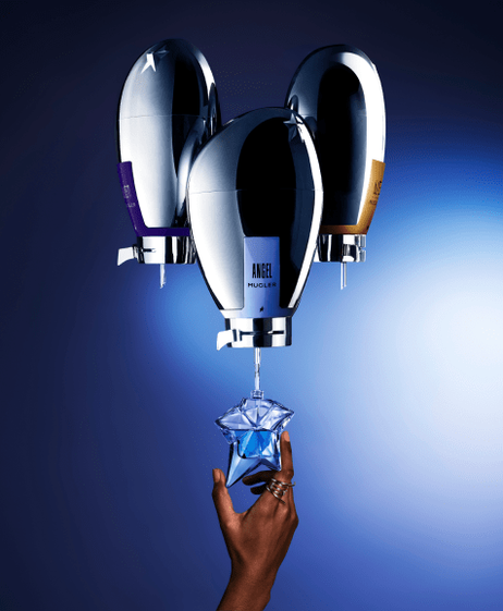 The Mugler Fountain refilling a bottle of Angel Eau De Parfum