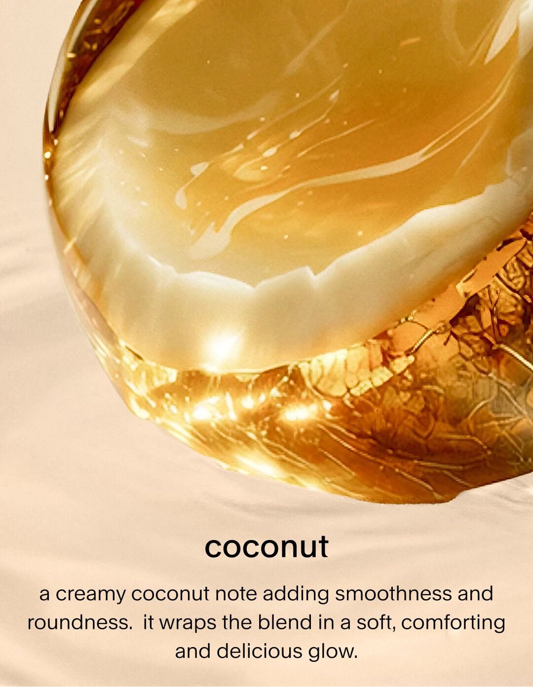 A macro shot of translucent, crystal-like musk  with amber and golden light reflecting inside them. The text describes musk as a veil that creates a soft, clean trail and provides an airy, addictive presence.