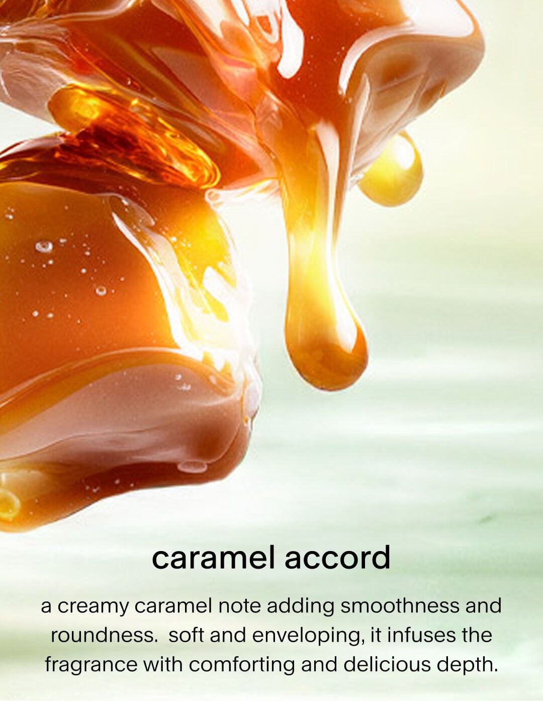 A macro shot of thick, golden-amber caramel dripping smoothly. The text describes it as a creamy note that adds smoothness and roundness, infusing the fragrance with a comforting and delicious depth.