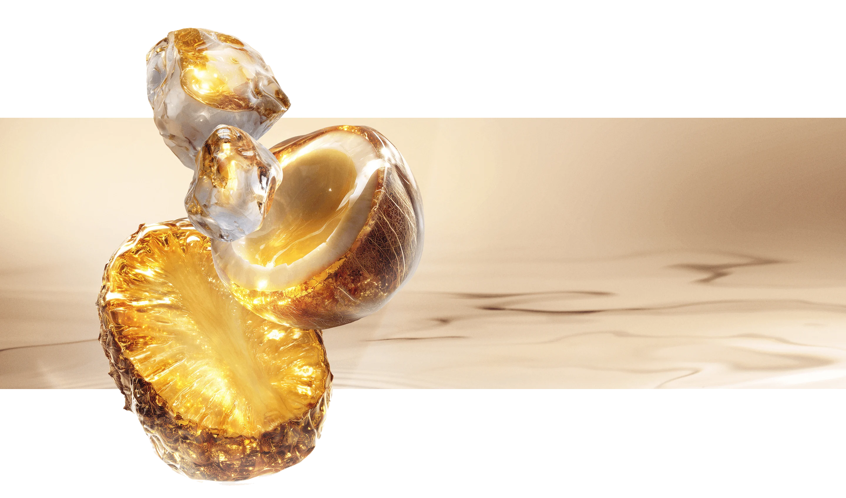New Starlicious Pineapple Musk fragrance key ingredients: a glowing pineapple slice, a cracked coconut shell, and crystalline musk, all set against a warm, luminous rippling water background.