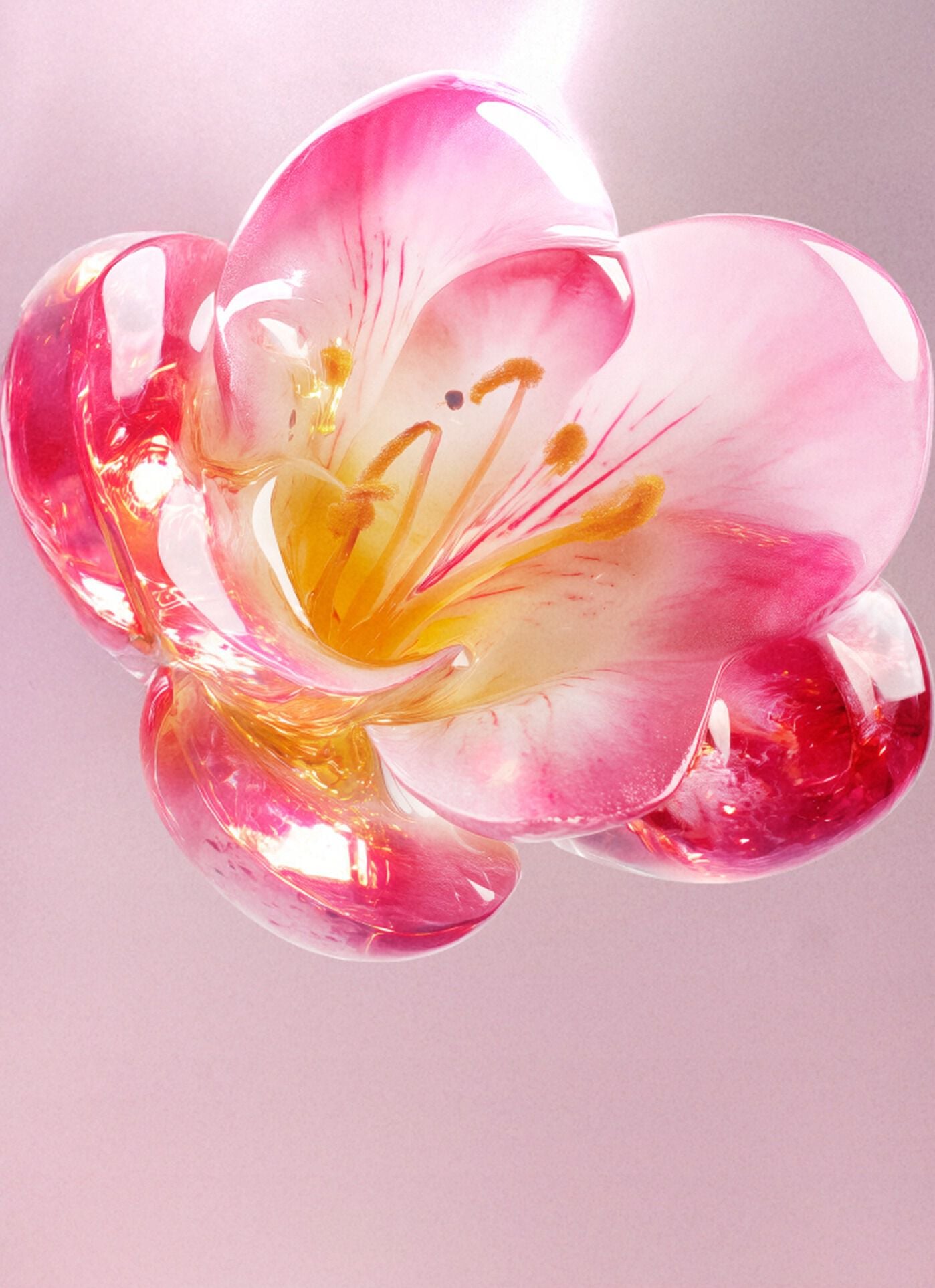 A macro shot of a freesia flower with smooth, glass-like petals in pink and bright yellow. The text describes freesia as bringing a soft floral brightness and a fresh, delicate touch to the fragrance.